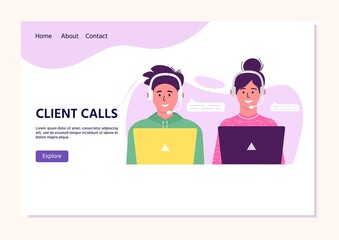 Call center operator landing pag for web. Smiling office workers with headsets cartoon characters. Clients assistance, hotline operator, consultant manager, customer support, client calls