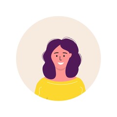 Women trendy icon avatar character. Cheerful, happy people flat vector illustration. Round frame. female portraits, group, team. Adorable girl isolated on white background