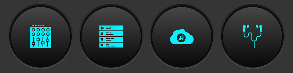 Set Sound mixer controller, Music playlist, streaming service and Air headphones icon. Vector.