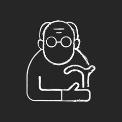Male pensioner chalk white icon on black background. Senile man. Old age. Retirement from workforce. Aging process. Senior with limited mobility. Isolated vector chalkboard illustration