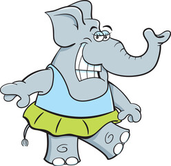 Cartoon illustration of a happy elephant wearing a ballet tutu while dancing.