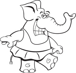 Black and white illustration of a happy elephant wearing a ballet tutu while dancing.