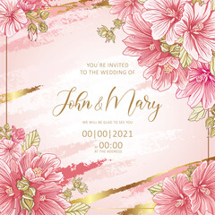 Fototapeta na wymiar wedding invitation template, romantic women's floral card, pale pink Hollyhocks flowers on a background with gold splashes of a brush, editable vector, the concept of love, beauty, packaging 
