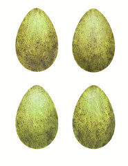 Four isolated watercolor green speckled eggs on white background