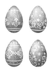 Stylized white Belarusian and Ukrainian ethnic ornaments drawn on four watercolor white speckled eggs on a white background