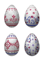 Stylized Belarusian and Ukrainian ethnic ornaments painted in blue and red watercolor on four white speckled eggs on a white background