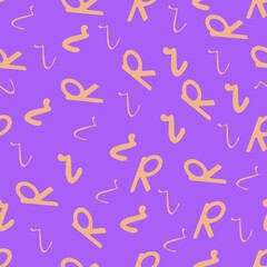 Orange seamless pattern with the letter R on a pink backdrop. Minimalist style. Hand drawn Background for fabric, wallpaper, bed linen. Vector illustration.