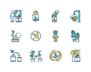 Houseplant care RGB color icons set. Competent photosynthesis. Proper soil. Humidity examination. Care during winter. Dealing with pests. Houseplant light intake. Isolated vector illustrations