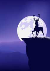 deer stag standing on high cliff against full moon  disk - wild nature night scene vector landscape