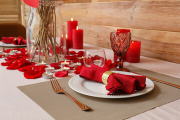 Festive table setting for Valentines Day celebration at home