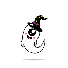 cute mascot ghost wearing a witch hat kawaii