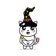 cute mascot cat wearing a witch hat and carrying a magic wand kawaii
