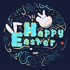 Happy Easter painted poster with a beautiful inscription and a rabbit sitting in a painted egg This illustration can be used for a festive design or print a flat vector
