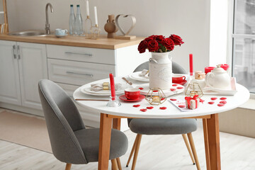 Festive table setting for Valentines Day celebration at home