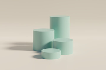 Green neutral cylinder stand or pedestal for products. 3D rendering in minimal style.