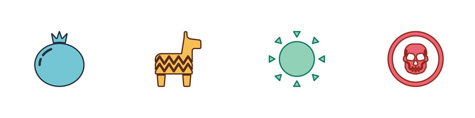 Set Tomato, Pinata, Sun and Mexican skull coin icon. Vector.