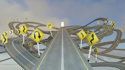 straight path to success choosing the right strategic path with yellow traffic signs., 3d illustration.., 3D rendering.