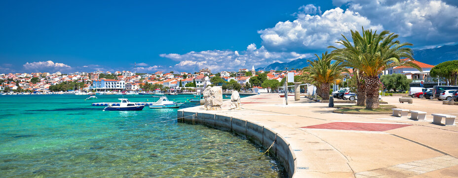 Town of Novalja waterfront and turquoise sea panoramic view