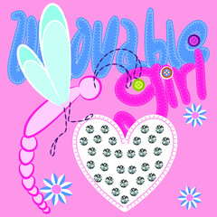 Illustration vector cute dragonfly with text and background for fashion design