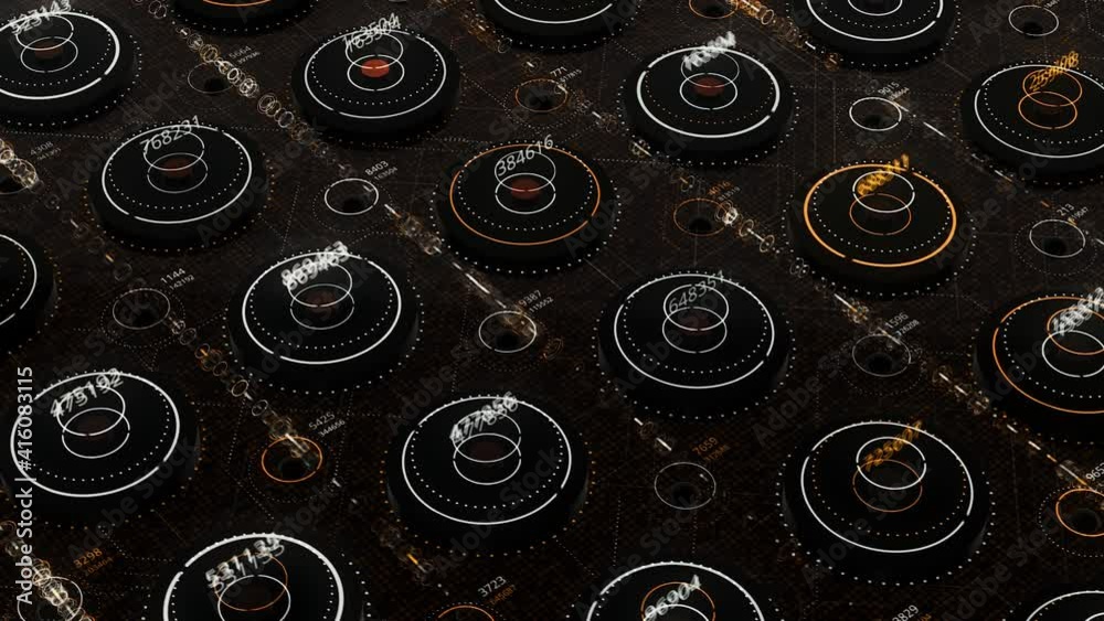 Poster Numbers in neon circles. Animation. Generated numbers in neon circles inside virtual space. Cyber field with neon circles and certain numbers