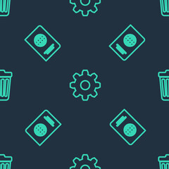 Set line Cogwheel gear settings, Passport and Trash can on seamless pattern. Vector.