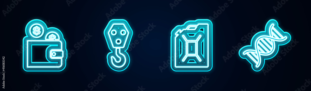 Wall mural Set line Wallet with coin, Industrial hook, Canister for gasoline and DNA symbol. Glowing neon icon. Vector.