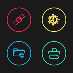 Set line Add new folder, Handbag, Sun snowflake and Wrist watch icon. Vector.