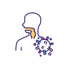 Viral sore throat RGB color icon. Influenza virus. Pharyngitis. Respiratory system infection. Throat scratchiness and irritation. Swollen lymph nodes. Infectious disease. Isolated vector illustration