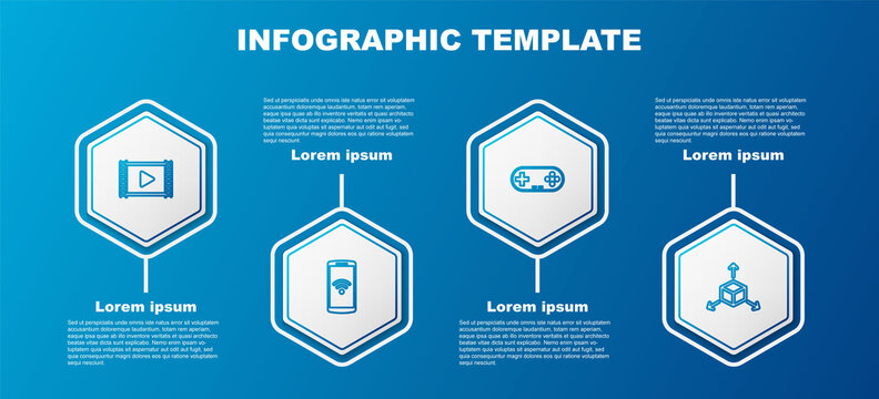 Set line Play Video, Smartphone with wireless, Gamepad and Isometric cube. Business infographic template. Vector.