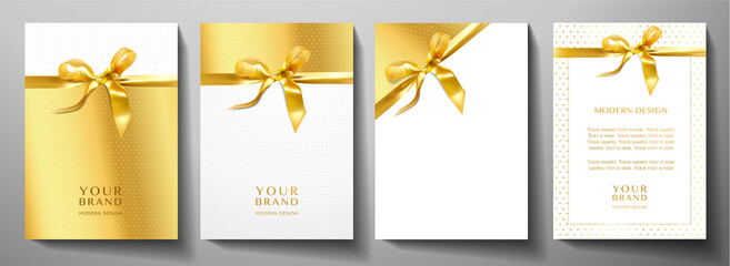 Holiday cover design set. Luxury gold background with stars pattern and golden ribbon. Formal premium vector collection template for invitation (invite card), greeting or gift card - obrazy, fototapety, plakaty