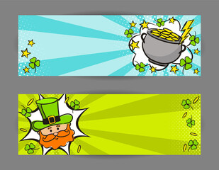 Bright pop art banners for Saint Patrick's day. Cartoon exploison, and clouds on a ray background. Comic Template for web design, banners, cards, coupons, applications and posters. Vector illustration