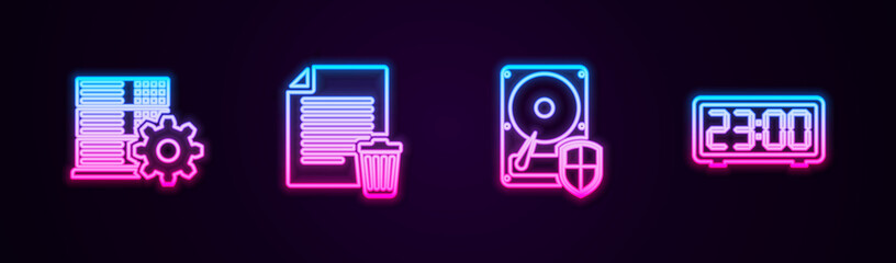 Fototapeta premium Set line Server setting, Delete file document, Hard disk drive HDD protection and Digital alarm clock. Glowing neon icon. Vector.