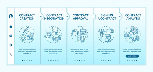 Contract lifecycle steps onboarding vector template. Signing contract. Contract analysis process. Responsive mobile website with icons. Webpage walkthrough step screens. RGB color concept