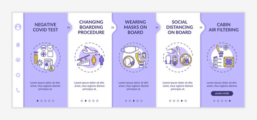 Lockdown travel rules onboarding vector template. Negative Covid test. Changing boarding procedure. Responsive mobile website with icons. Webpage walkthrough step screens. RGB color concept