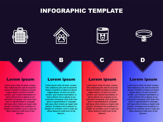 Set line Pet carry case, Dog house and paw print pet, Canned food for dog and collar. Business infographic template. Vector.