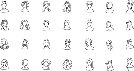 Heads icons of girls on a white background. Girls have different hairstyles. Vector illustration.