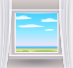 Window, view on landscape, spring, interior, curtains Vector illustration template realistic banner
