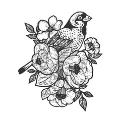 flowers and bird tattoo ornament sketch engraving vector illustration. T-shirt apparel print design. Scratch board imitation. Black and white hand drawn image.