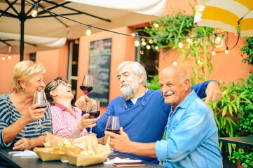 Senior people laughing and toasting red wine at restaurant  - Friendship concept with happy mature friends having fun together at home in the garden - Powered by Adobe