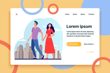 Young couple walking in city. Man and woman holding hands flat vector illustration. Citizens, outdoor activity, dating in city concept for banner, website design or landing web page
