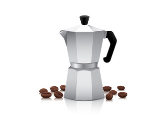 Realistic vector moka pot or coffee maker with roasted coffee beans on white background, isolated vector illustration