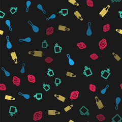 Set line Kitchen whisk, Coffee cup, Grater and Cooking soup in pot on seamless pattern. Vector.