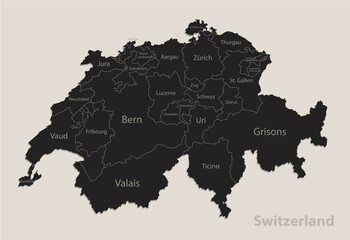 Black map of Switzerland with names of regions, design blackboard vector