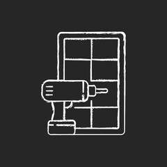 Window installation chalk white icon on black background. Home improvement. Replacing whole-house old windows. Renovation and remodeling process. Isolated vector chalkboard illustration