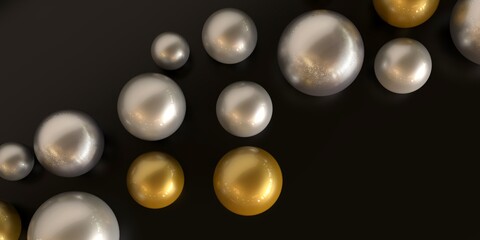 Black background with golden spheres.Banner with precious stones.Silver bubbles.3d illustration.