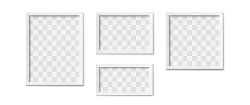 White picture frames. Empty gray simple image square border with shadow on gallery wall. Isolated photo framing design vector realistic 3D template with transparent place for image of different shape
