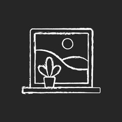 Picture windows chalk white icon on black background. Large, fixed-pane window without glazing bars. Clear view without obstructions. Natural light access. Isolated vector chalkboard illustration