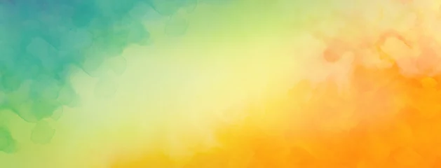 Foto op Plexiglas Colorful watercolor background of abstract sunset sky with paint blotches and soft blurred texture in blue green yellow beige and orange border in gradient paint colors  © Arlenta Apostrophe