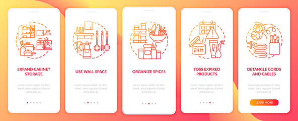 Decluttering tips onboarding mobile app page screen with concepts. Tossing expired products walkthrough 5 steps graphic instructions. UI vector template with RGB color illustrations