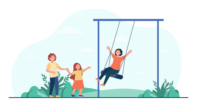Happy kid swinging on swing. Children having fun on playground in park. Flat vector illustration. Childhood, outdoor activities, vacation concept for banner, website design or landing web page